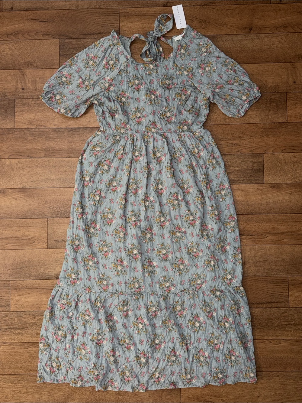 Baltic Born Size Medium Lucinda Back Tie Dress Dusty Blue Floral Wedding NWT M